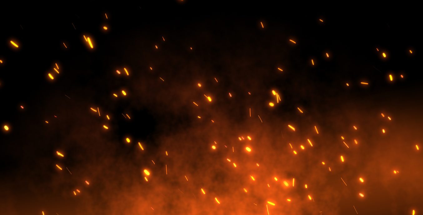 Burning red hot sparks rise from large fire in the night sky. Beautiful abstract background on the theme of fire, light and life. Fiery orange glowing flying away particles over black background